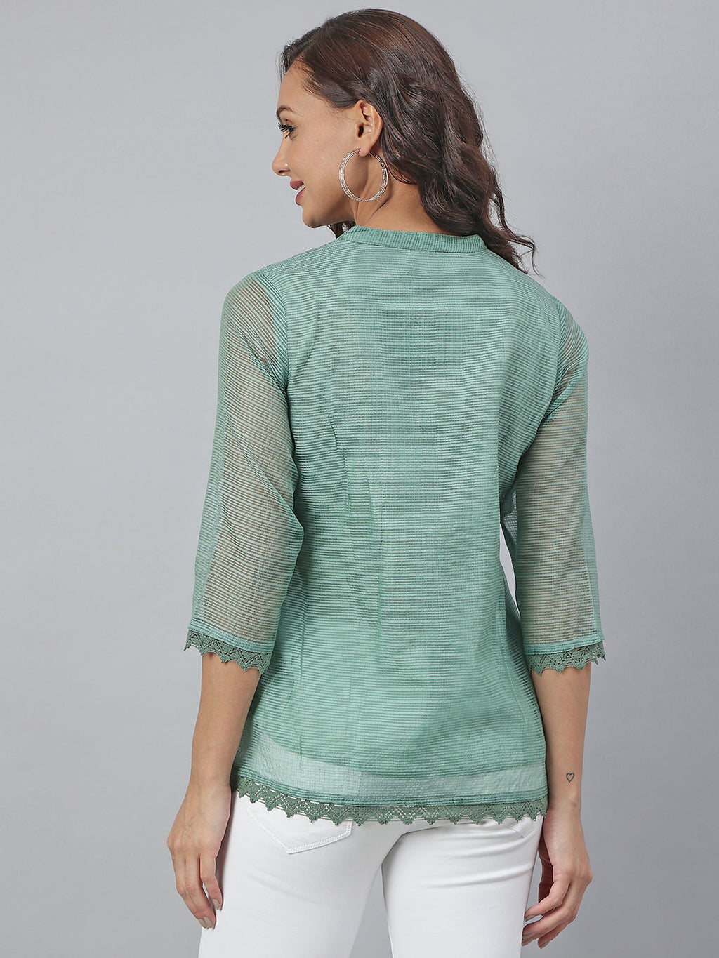 Janasya Women's Green Kota Doria Embellished Regular Top | Grocsy