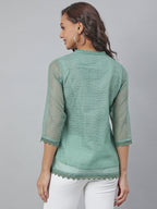 Janasya Women's Green Kota Doria Embellished Regular Top | Grocsy