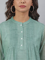 Janasya Women's Green Kota Doria Embellished Regular Top | Grocsy