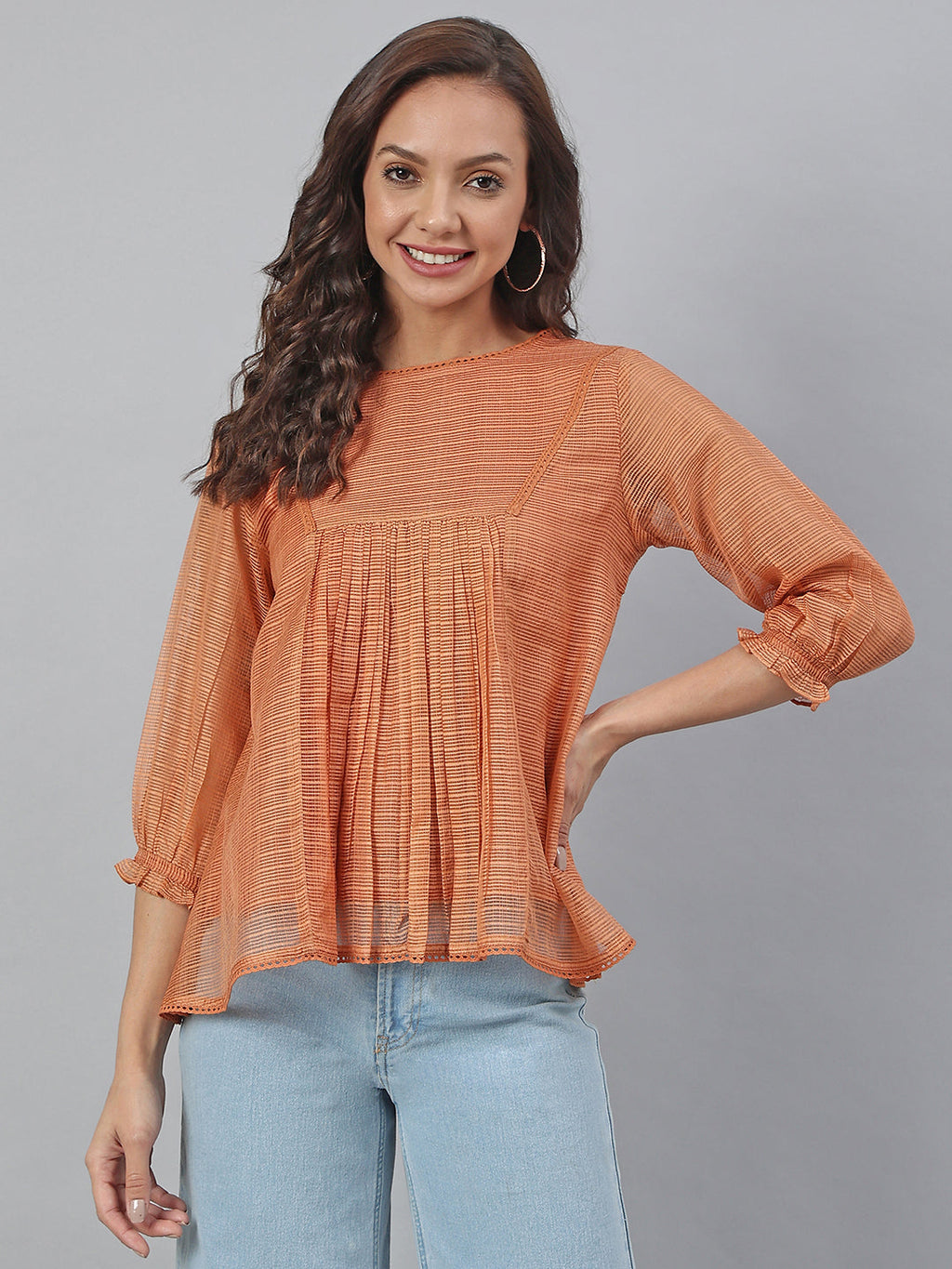 Janasya Women's Rust Kota Doria Solid Panelled Top | Grocsy