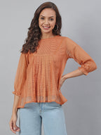 Janasya Women's Rust Kota Doria Solid Panelled Top | Grocsy