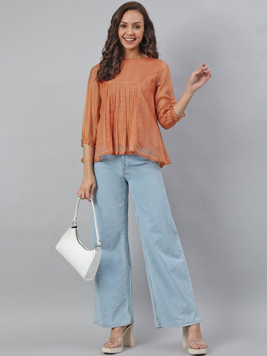Janasya Women's Rust Kota Doria Solid Panelled Top | Grocsy