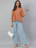 Janasya Women's Rust Kota Doria Solid Panelled Top | Grocsy