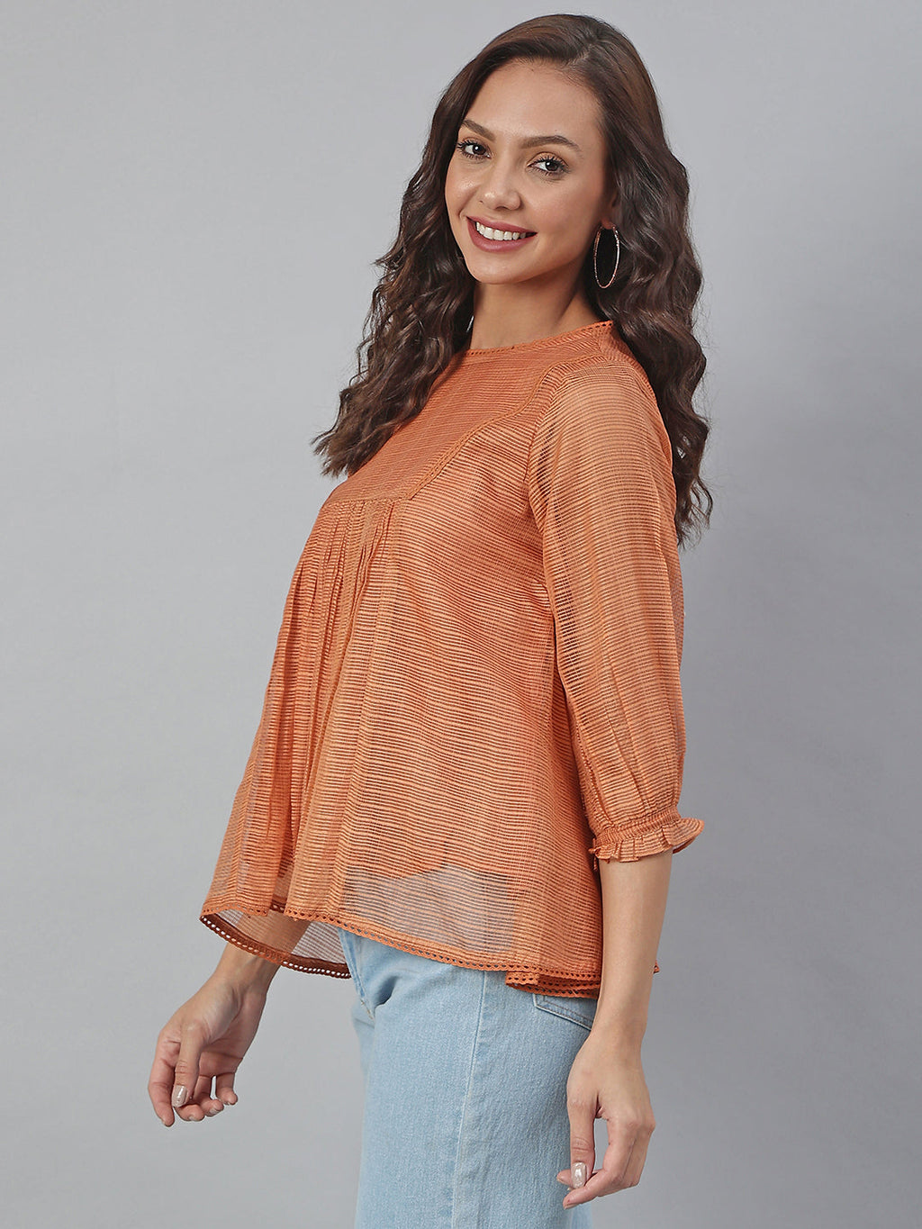Janasya Women's Rust Kota Doria Solid Panelled Top | Grocsy