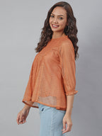 Janasya Women's Rust Kota Doria Solid Panelled Top | Grocsy