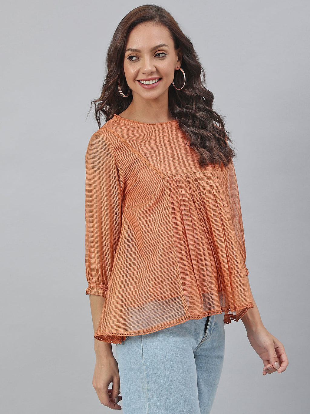 Janasya Women's Rust Kota Doria Solid Panelled Top | Grocsy