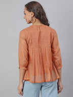 Janasya Women's Rust Kota Doria Solid Panelled Top | Grocsy