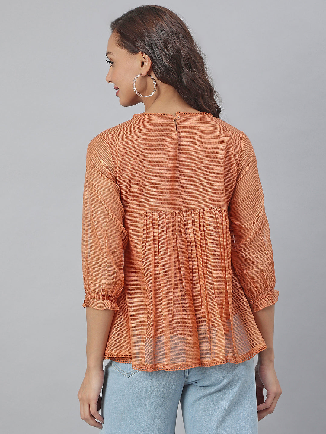 Janasya Women's Rust Kota Doria Solid Panelled Top | Grocsy
