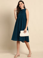Janasya Women's Teal Cotton Solid A-line Western Dress | Grocsy