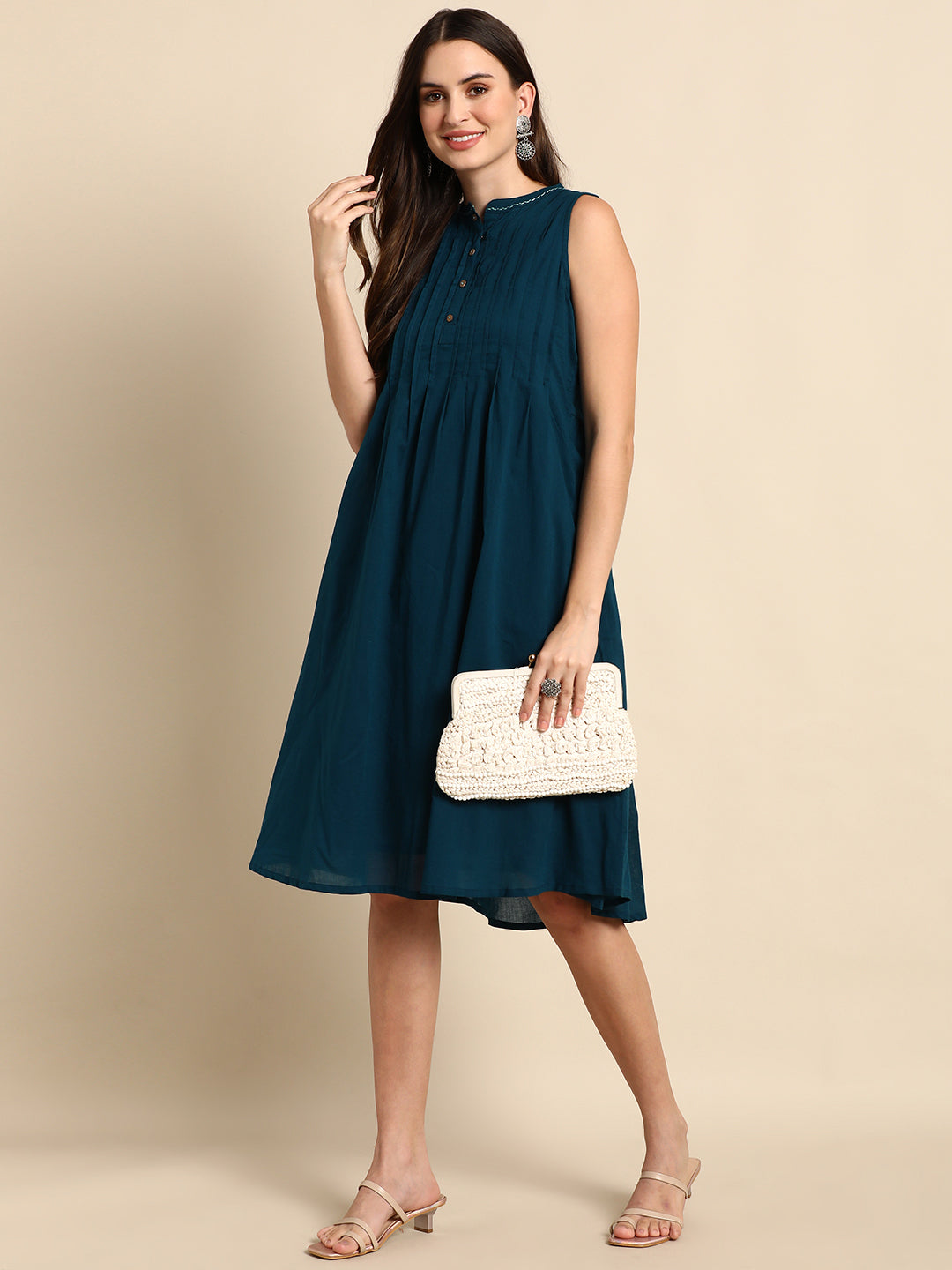 Janasya Women's Teal Cotton Solid A-line Western Dress | Grocsy