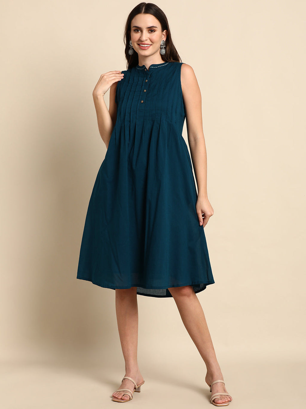 Janasya Women's Teal Cotton Solid A-line Western Dress | Grocsy