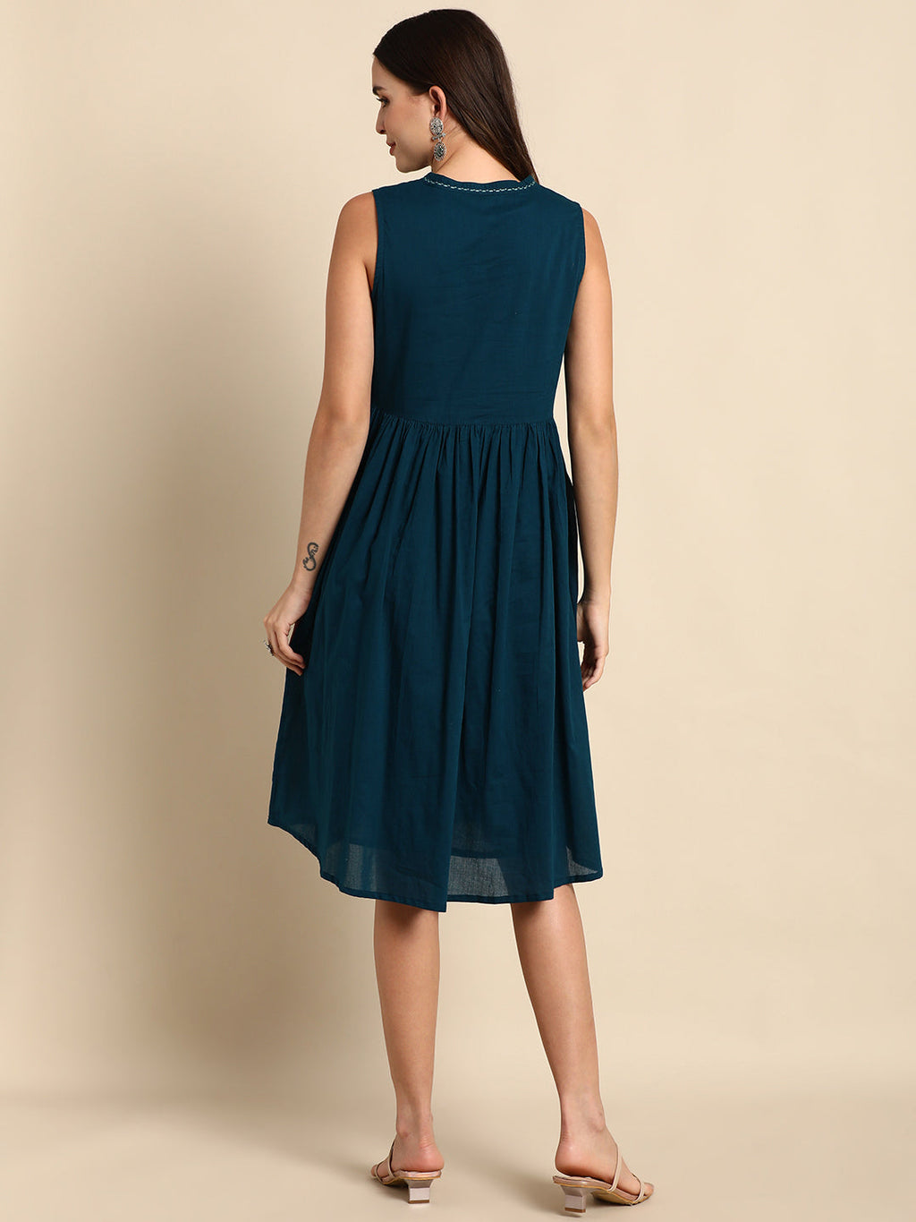 Janasya Women's Teal Cotton Solid A-line Western Dress | Grocsy