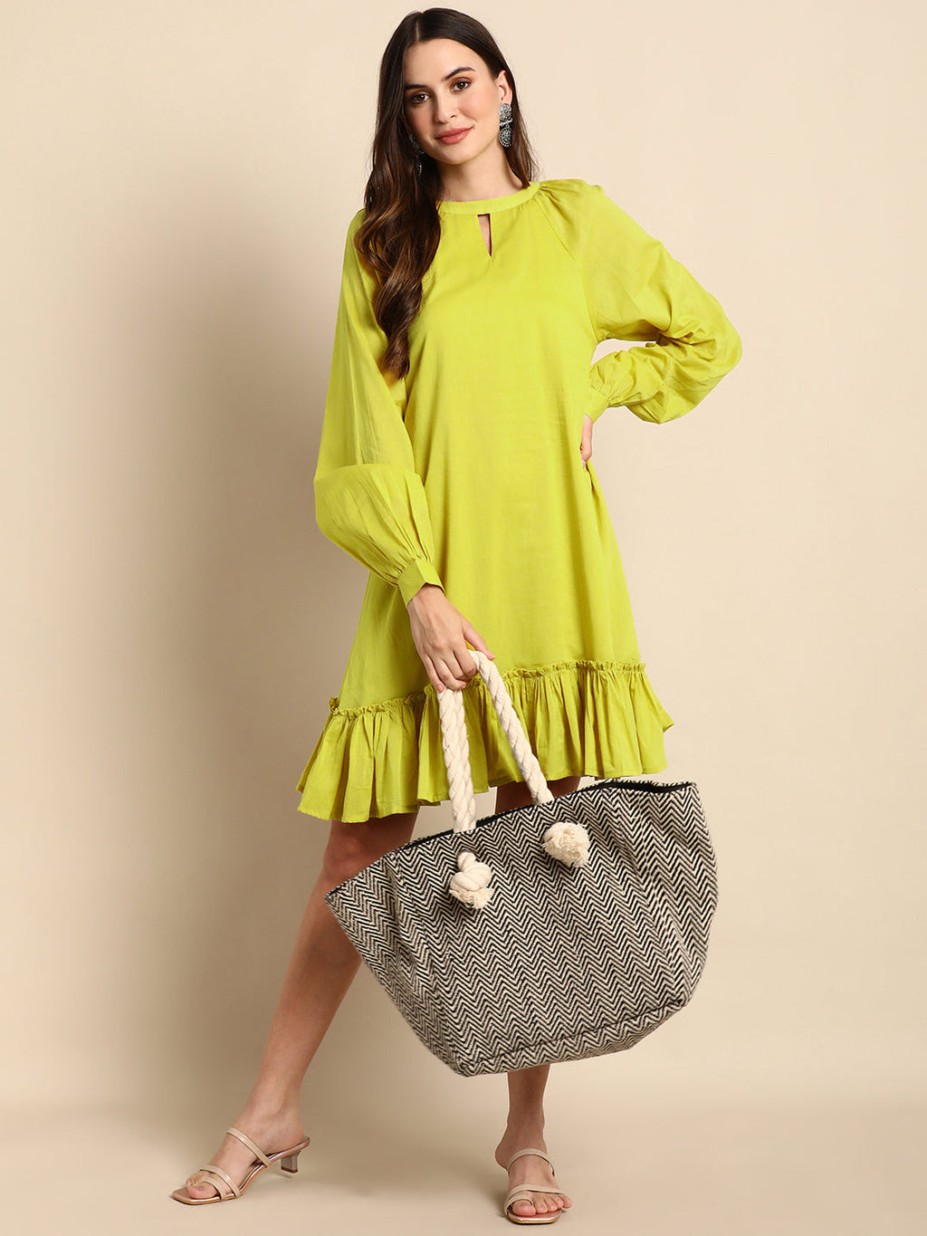 Janasya Women's Mustard Cotton Solid Drop-Waist Western Dress | Grocsy