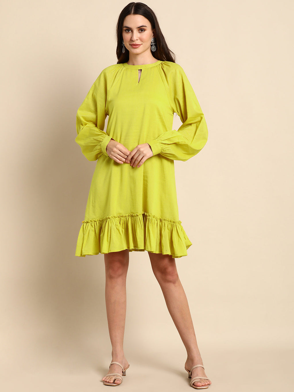 Janasya Women's Mustard Cotton Solid Drop-Waist Western Dress | Grocsy