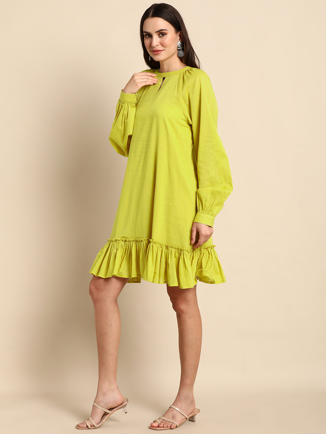 Janasya Women's Mustard Cotton Solid Drop-Waist Western Dress | Grocsy