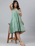 Janasya Women's Mint Green Cotton Solid Flared Western Dress | Grocsy