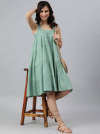 Janasya Women's Mint Green Cotton Solid Flared Western Dress | Grocsy