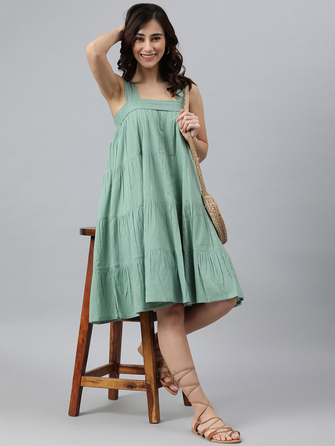 Janasya Women's Mint Green Cotton Solid Flared Western Dress | Grocsy