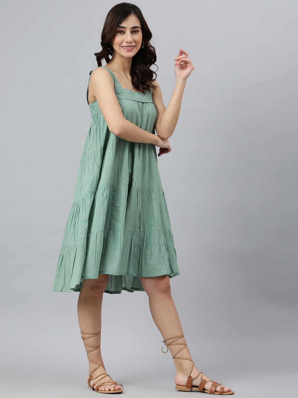 Janasya Women's Mint Green Cotton Solid Flared Western Dress | Grocsy
