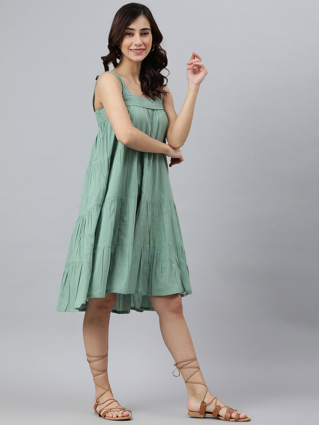 Janasya Women's Mint Green Cotton Solid Flared Western Dress | Grocsy