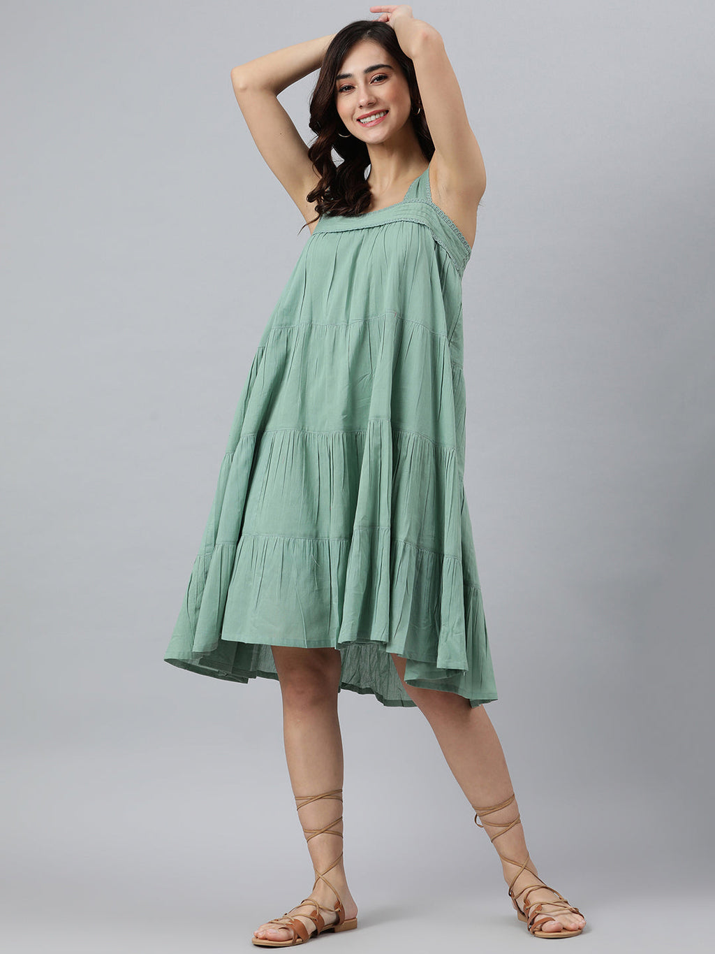 Janasya Women's Mint Green Cotton Solid Flared Western Dress | Grocsy