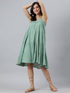 Janasya Women's Mint Green Cotton Solid Flared Western Dress | Grocsy
