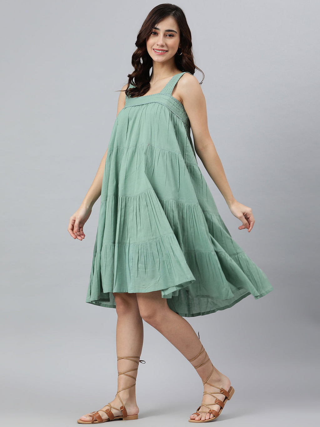Janasya Women's Mint Green Cotton Solid Flared Western Dress | Grocsy