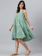 Janasya Women's Mint Green Cotton Solid Flared Western Dress | Grocsy