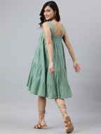 Janasya Women's Mint Green Cotton Solid Flared Western Dress | Grocsy