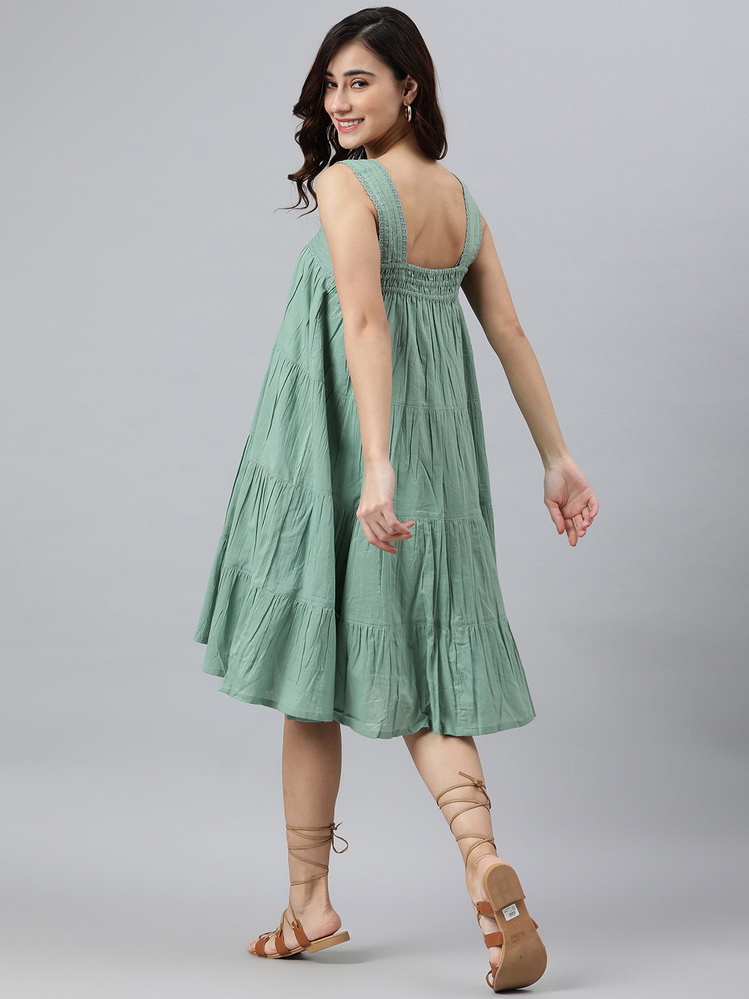 Janasya Women's Mint Green Cotton Solid Flared Western Dress | Grocsy