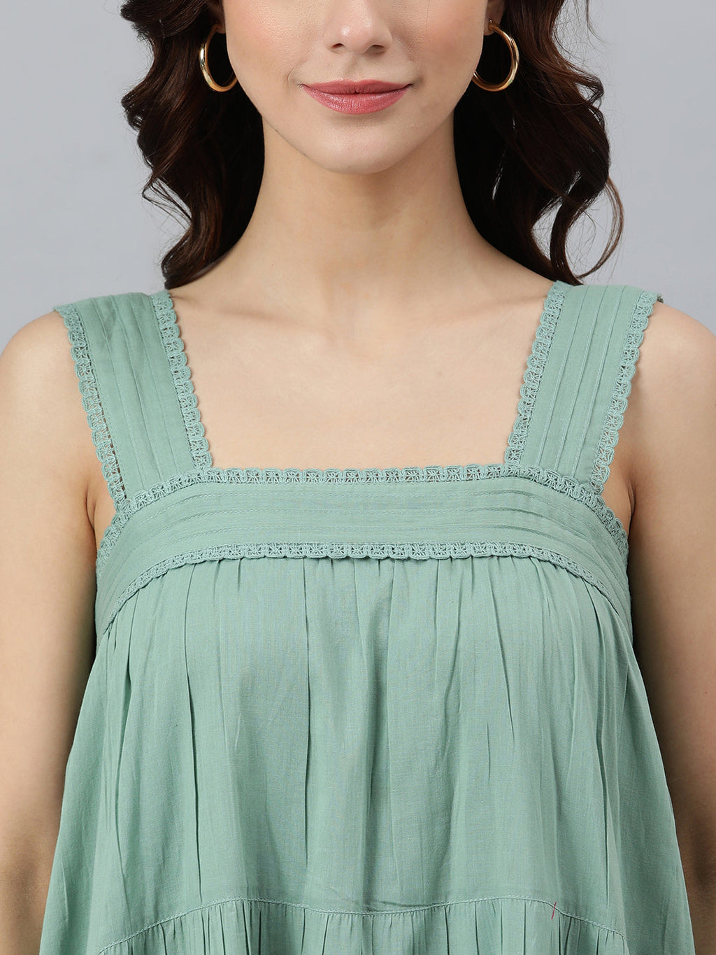 Janasya Women's Mint Green Cotton Solid Flared Western Dress | Grocsy