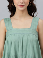 Janasya Women's Mint Green Cotton Solid Flared Western Dress | Grocsy