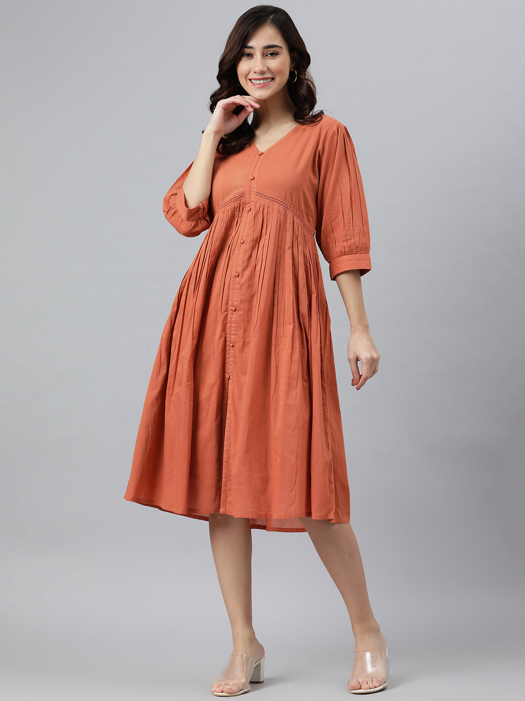 Janasya Women's Coral Orange Cotton Solid Flared Western Dress | Grocsy