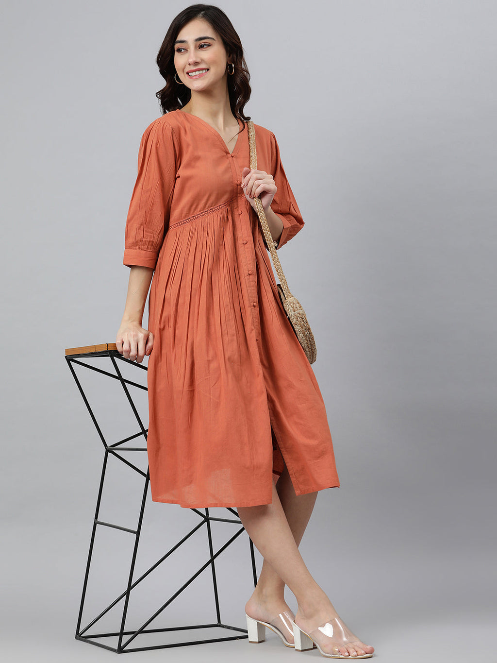 Janasya Women's Coral Orange Cotton Solid Flared Western Dress | Grocsy