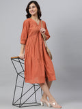 Janasya Women's Coral Orange Cotton Solid Flared Western Dress | Grocsy