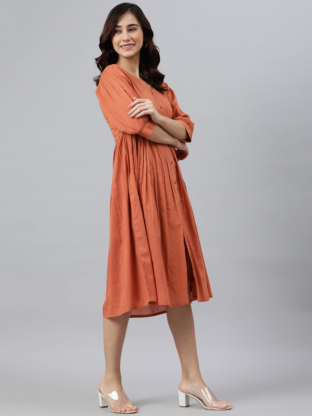Janasya Women's Coral Orange Cotton Solid Flared Western Dress | Grocsy