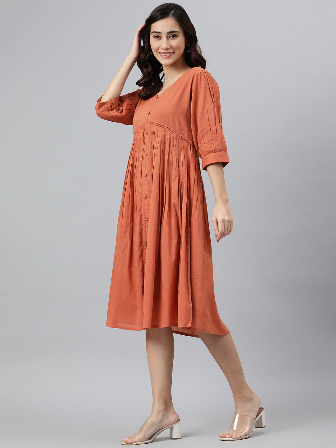 Janasya Women's Coral Orange Cotton Solid Flared Western Dress | Grocsy