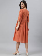 Janasya Women's Coral Orange Cotton Solid Flared Western Dress | Grocsy