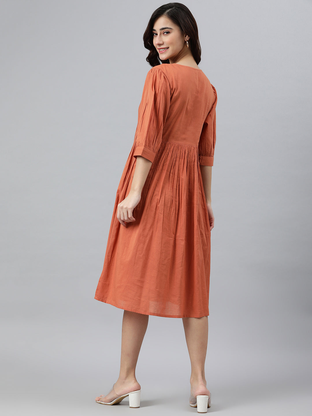 Janasya Women's Coral Orange Cotton Solid Flared Western Dress | Grocsy