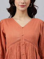 Janasya Women's Coral Orange Cotton Solid Flared Western Dress | Grocsy