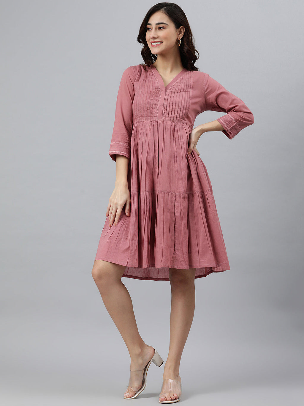 Janasya Women's Coral Pink Cotton Solid Flared Western Dress | Grocsy