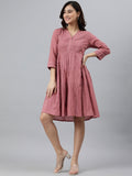 Janasya Women's Coral Pink Cotton Solid Flared Western Dress | Grocsy