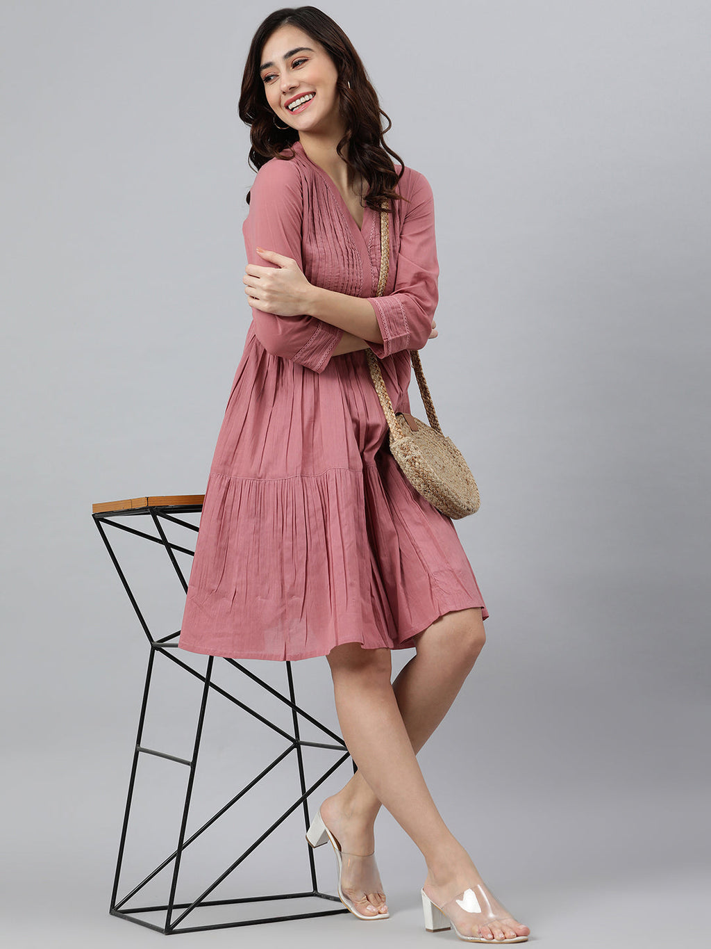 Janasya Women's Coral Pink Cotton Solid Flared Western Dress | Grocsy
