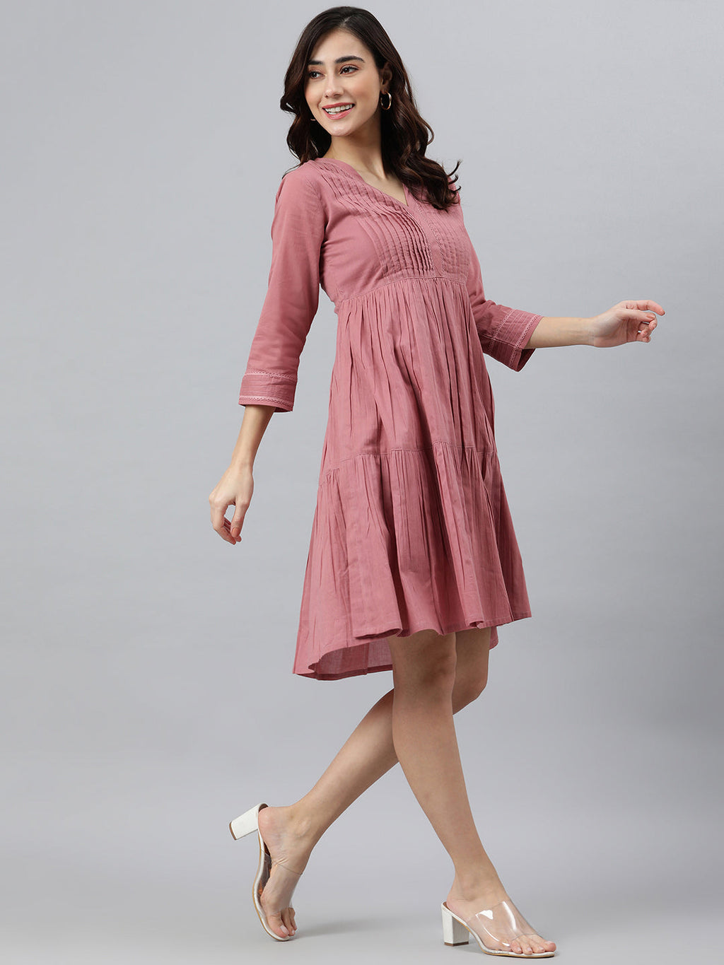Janasya Women's Coral Pink Cotton Solid Flared Western Dress | Grocsy