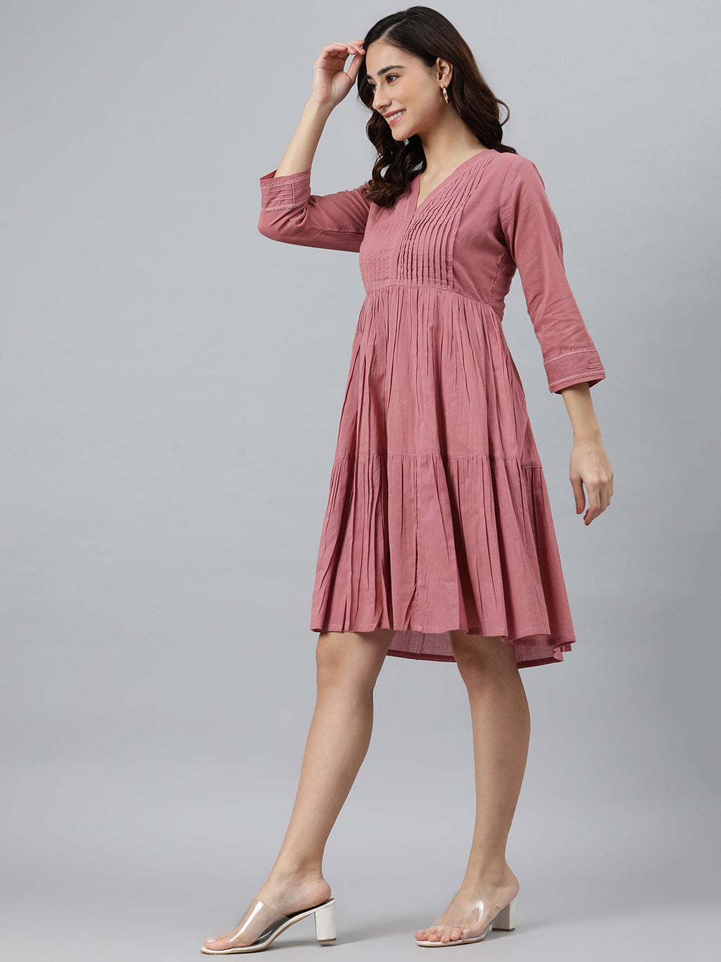 Janasya Women's Coral Pink Cotton Solid Flared Western Dress | Grocsy