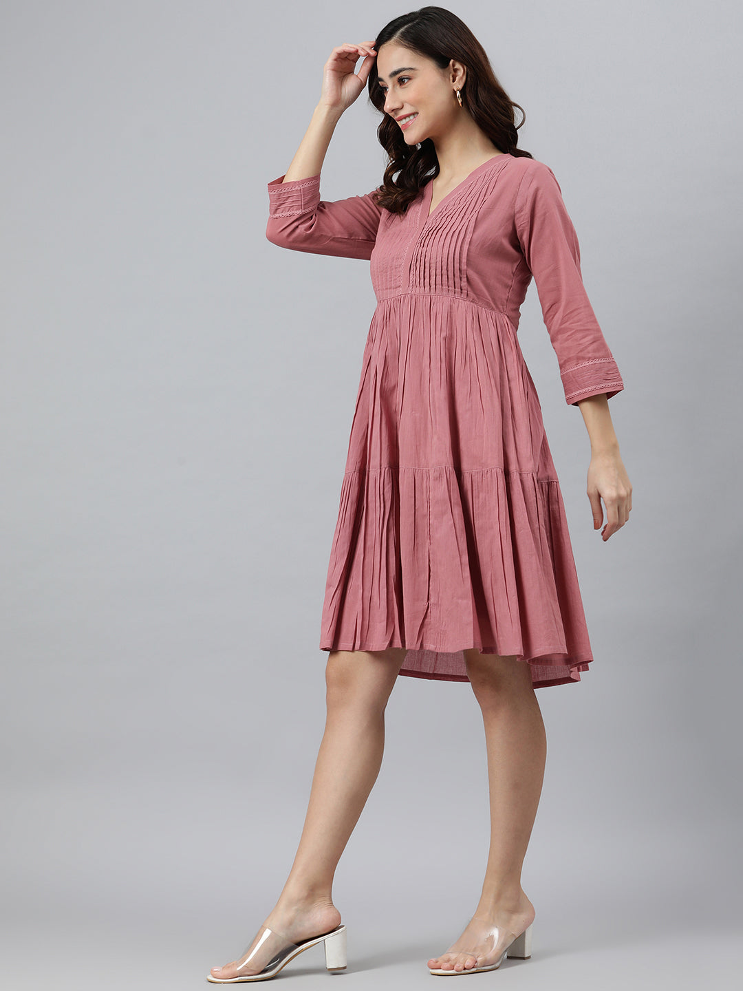 Janasya Women's Coral Pink Cotton Solid Flared Western Dress | Grocsy