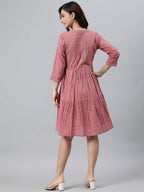 Janasya Women's Coral Pink Cotton Solid Flared Western Dress | Grocsy