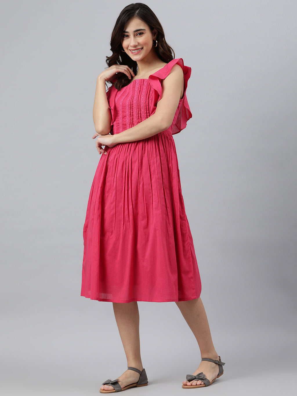 Janasya Women's Pink Cotton Solid Flared Western Dress | Grocsy