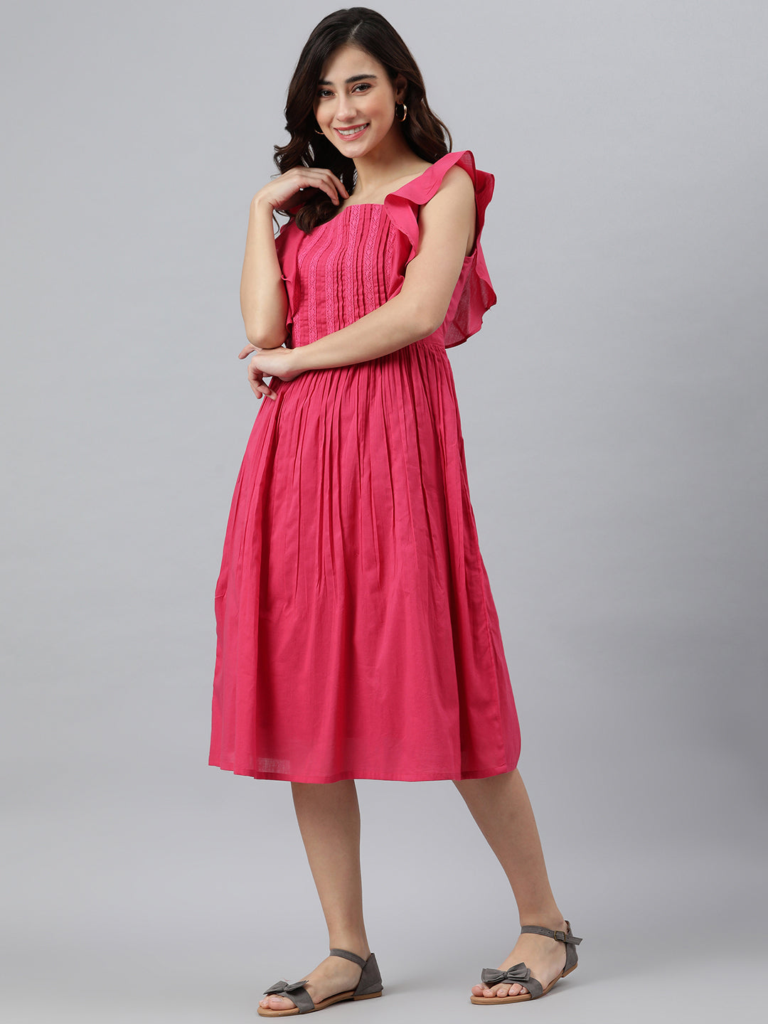 Janasya Women's Pink Cotton Solid Flared Western Dress | Grocsy