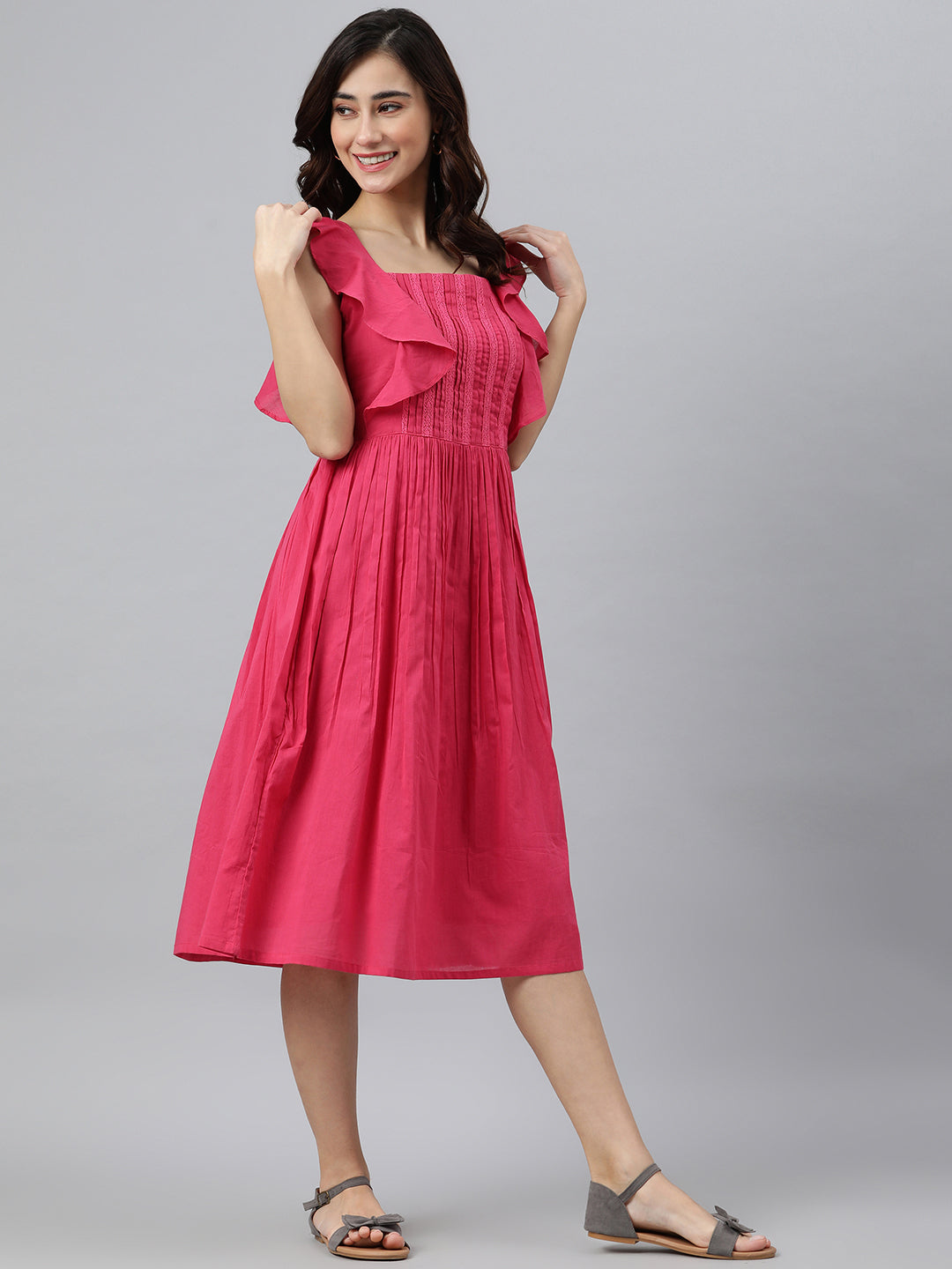 Janasya Women's Pink Cotton Solid Flared Western Dress | Grocsy